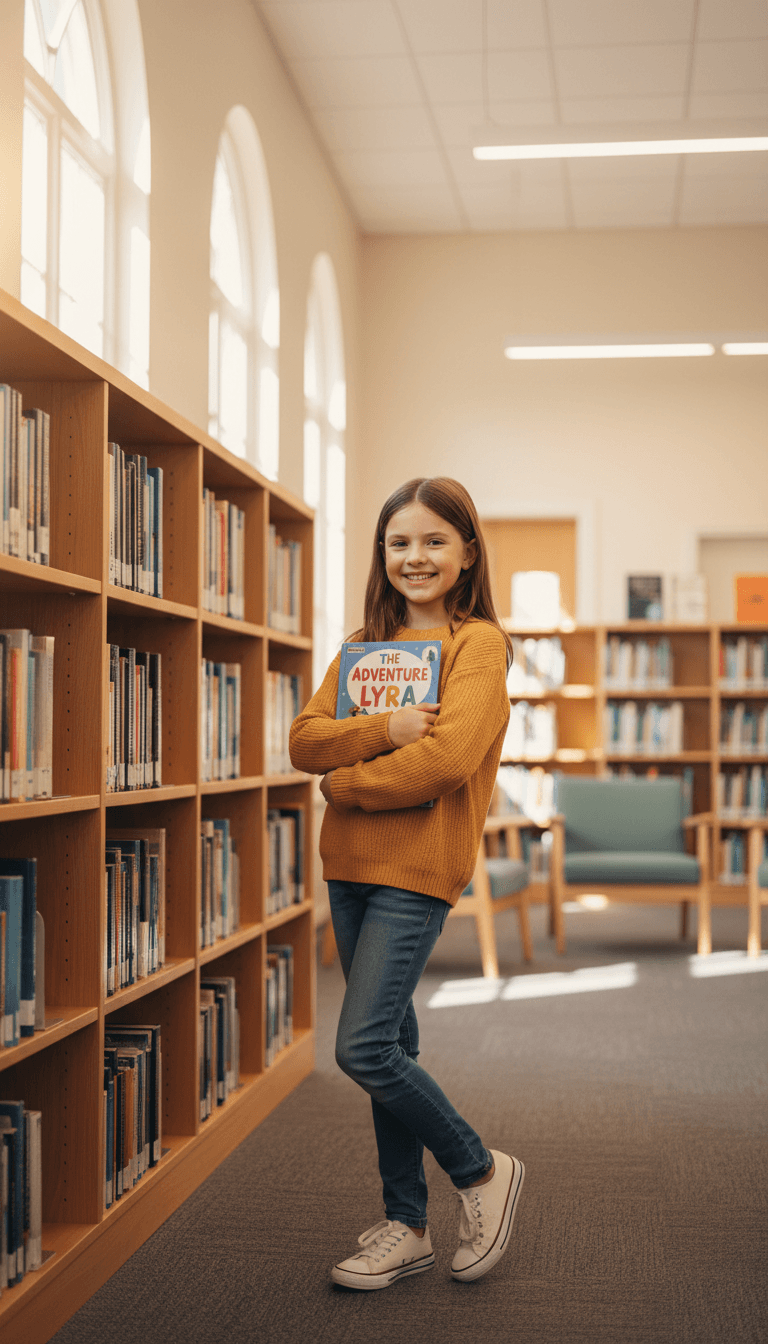 Young female student author smiling while holding her published children's book in a bright school library