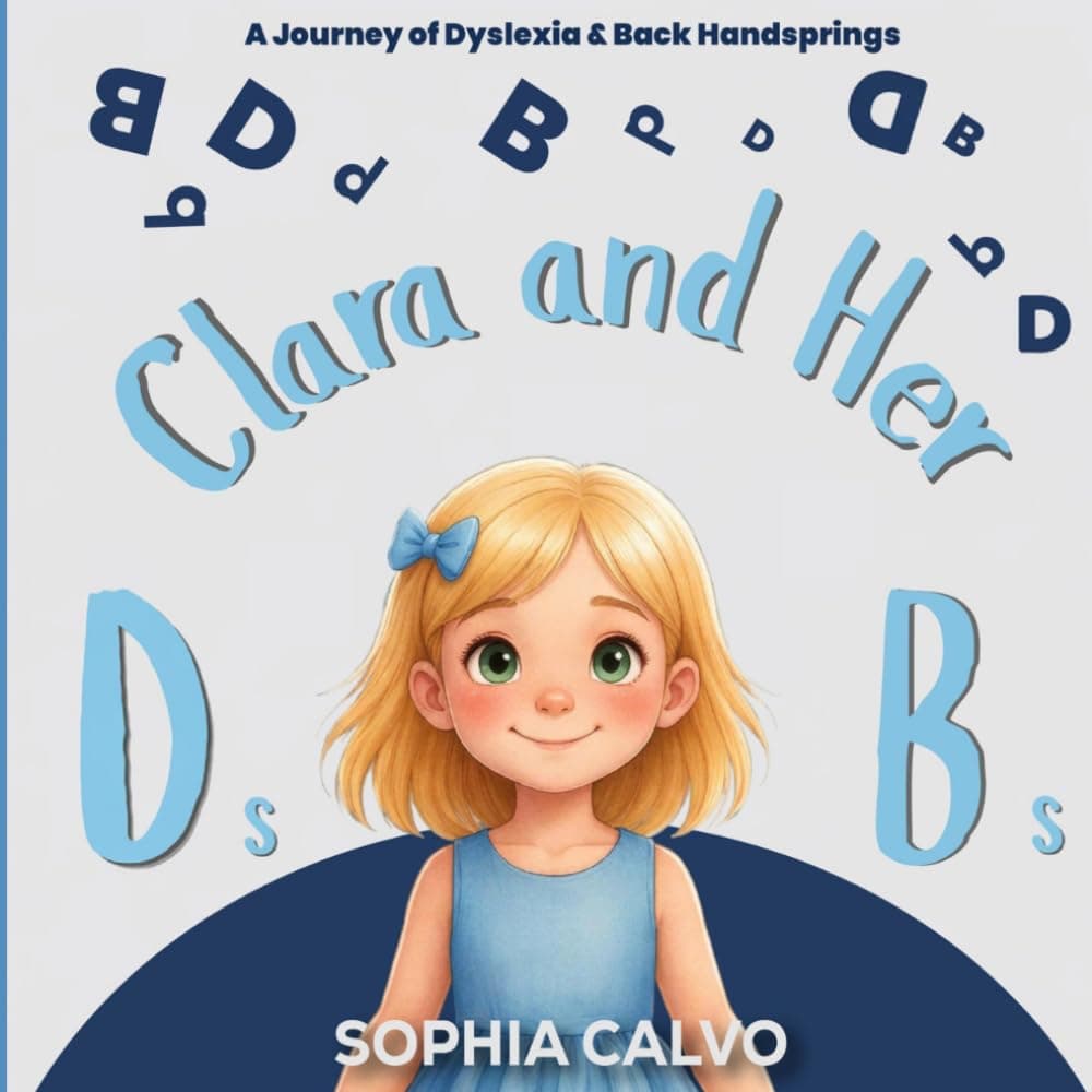Book cover featuring a blonde girl surrounded by floating, mirrored blue letters 'b' and 'd'.