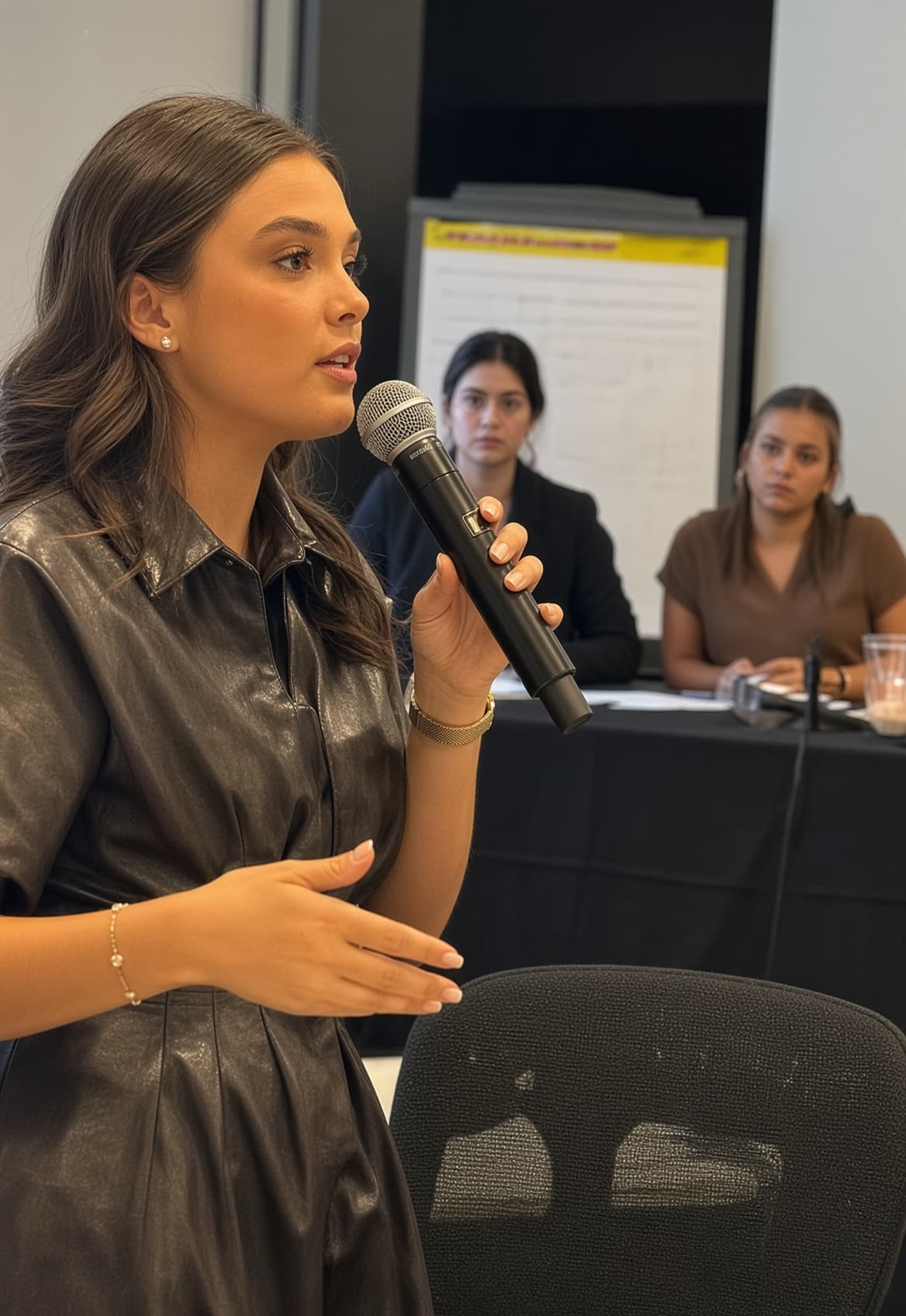 Woman in a black leather dress speaks into a microphone during a professional presentation.